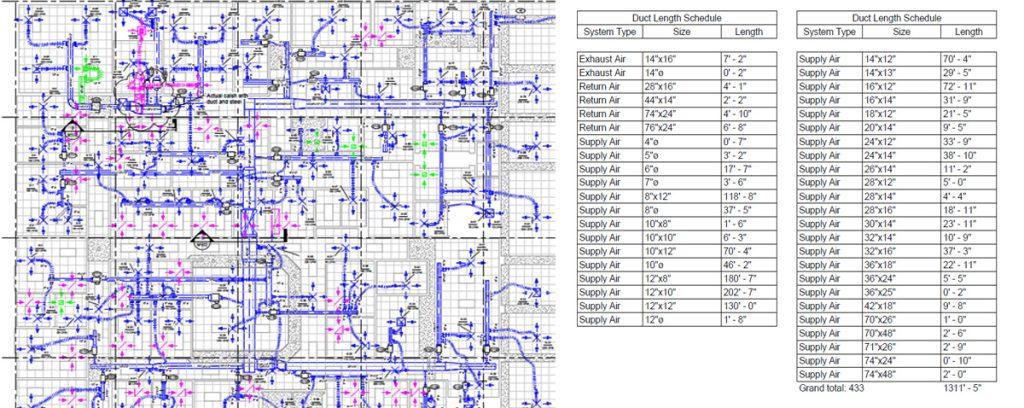 MEP duct layout and schedules taken from a coordinated BIM model