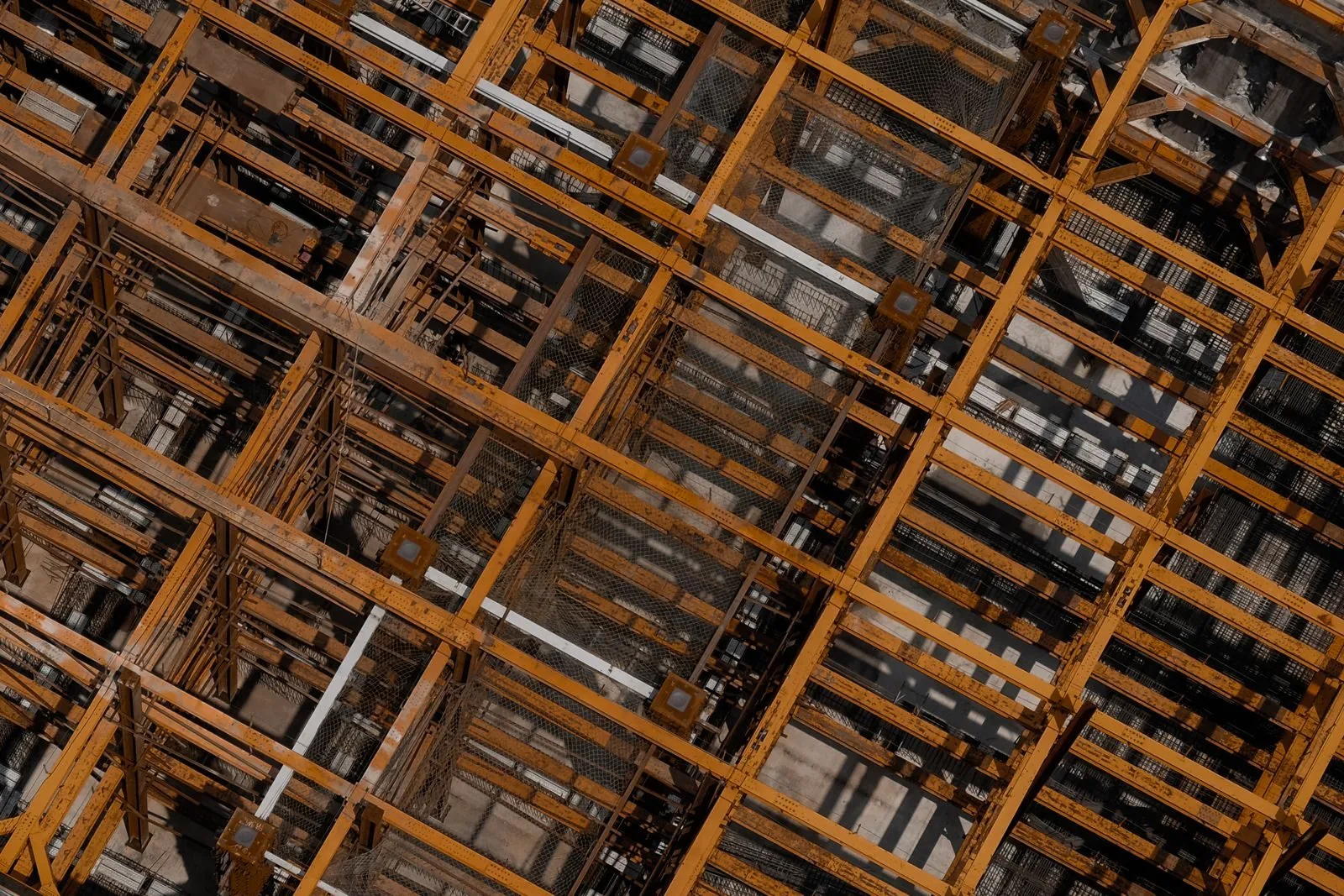 Aerial view of steel beams at a construction site